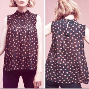 Anthropologie Maeve Darby High Ruffle Mock Neck sleeveless polka dot blouse